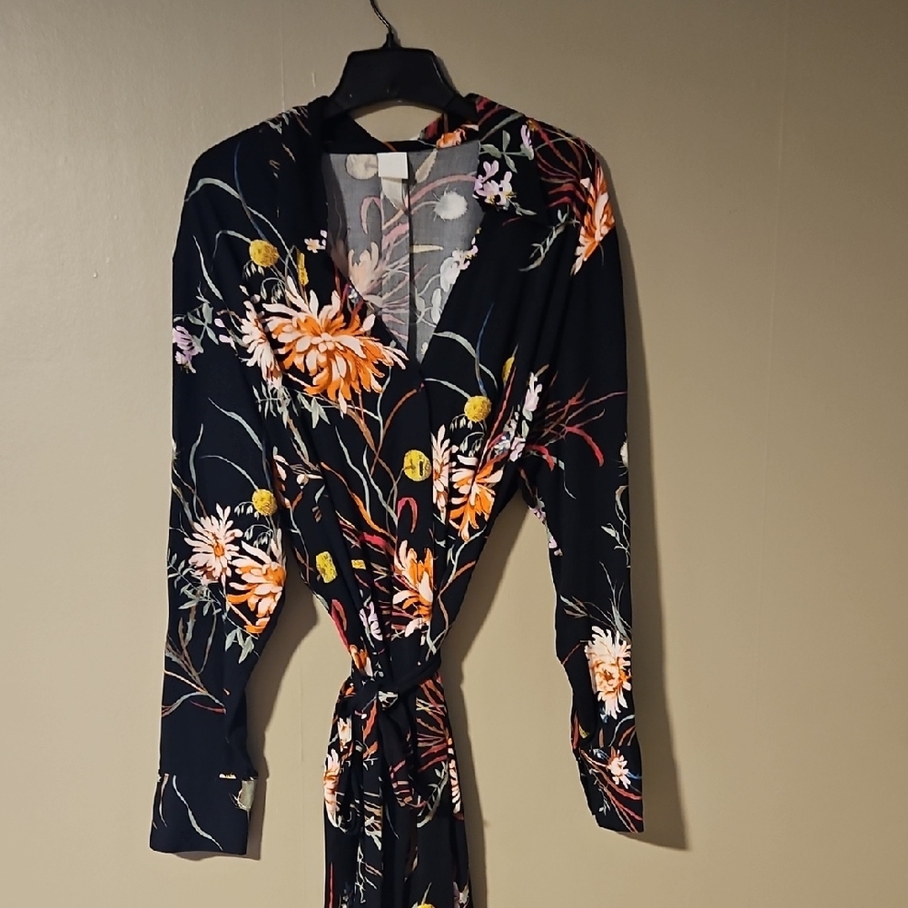 H&M Black and Orange Wrap Dress Long Sleeve V-Neck